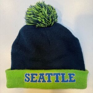 Seattle Navy and Green Pom-Pom Beanie